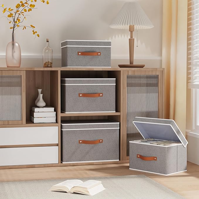 Collapsible Boxes, Linen Foldable Storage Bins with Lids, 15 x 9.8 x 9.8 Inch Storage Baskets with Double Handles, Grey, 5-Pack
