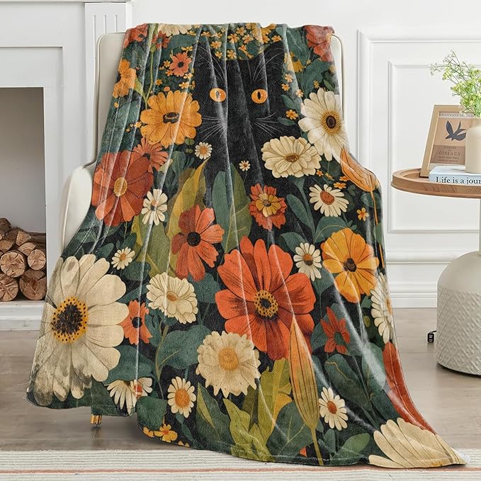 Black Cat Blanket Cute Orange Eyes Kitten Surrounded by Autumn Flowers Throw Blankets Lightweight Flannel Throws for Camping Couch Chair Office Home Decor Gifts for Pet Lover,50x40inch