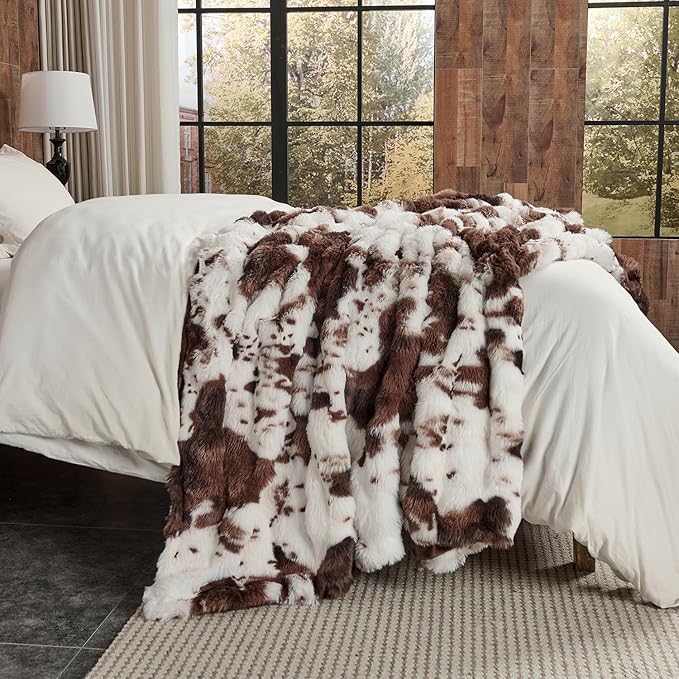 Lotus Karen Faux Fur Throw Blanket Cow Print-Dark Brown, Fluffy Fuzzy Plush Bubble Blanket for Couch, 90x90 InchesCozy Shaggy Rabbit Blanket, Luxury Decorative Gifts for Sofa Bedroom Living Room.