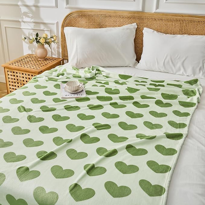FY FIBER HOUSE Heart Flannel Throw Blanket Soft Cozy Blankets for Lover Gifts All Season Use, 60x80 Inches, Sage Green