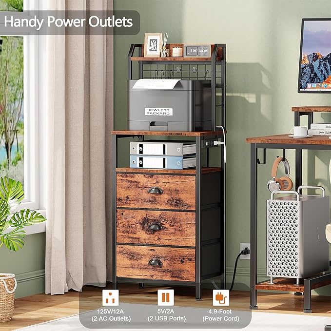 Furologee 44'' Tall Nightstand with Charging Station, Bedside Table with LED Lights, End Table with 3 Drawers and Storage Shelves, Night Stand with Pegboard for Bedroom, Rustic Brown