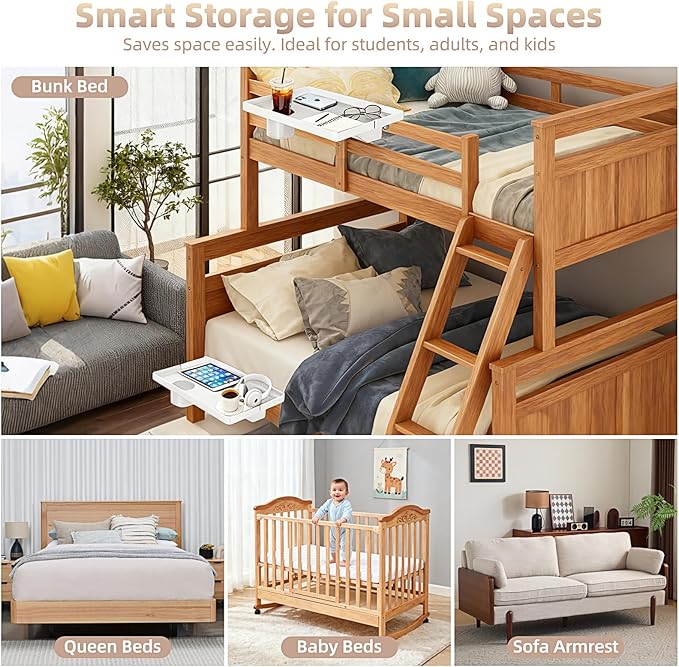 Bedside Shelf Dorm Bunk Bed, Bedside Caddy Shelf Dorm Bed, No Drill College Nightstand Organizer for Personal Items Books Glasses Apartment Bedroom Compact Space Solution Large+White