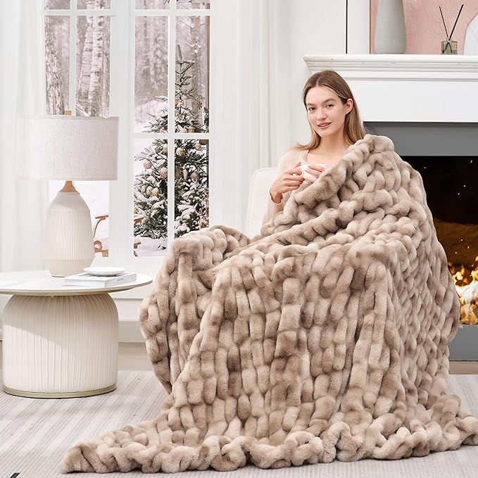 Touchat Ruched Faux Rabbit Fur Throw Blanket, 700 GSM Luxury Dual-Sided Soft Cozy Blanket, Fuzzy Fluffy Plush Blanket for Bed, Couch and Sofa - 50"x60", Tie-dye Brown