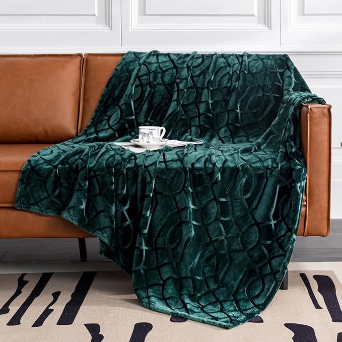Soft Cozy Fleece Queen Size Blanket, 90x90 Inches – Lightweight Plush Blanket for Bed, Fuzzy 3D Jacquard Design - Forest Green