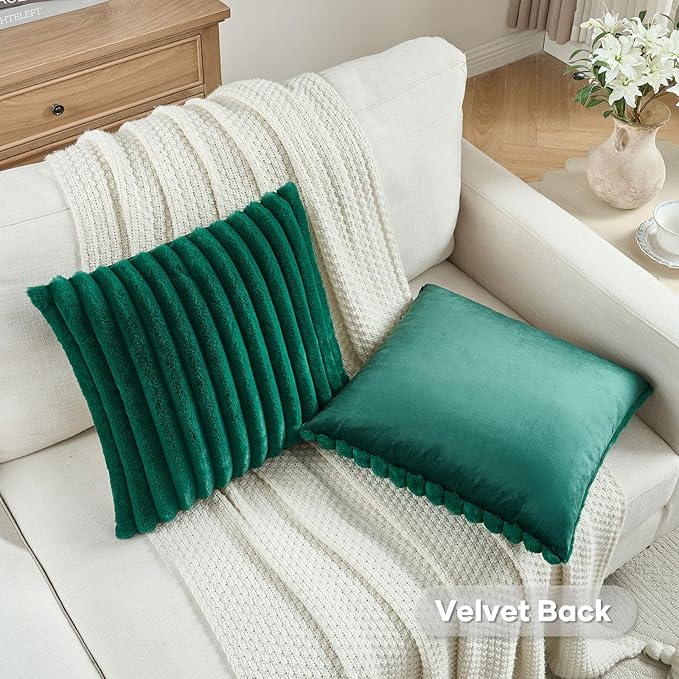FUTEI Emerald Green Decorative Throw Pillow Covers Set of 2, 18x18 Inch Soft Fluffy Faux Fur Plush Striped Cushion Cases, Modern Home Decor for Couch Bed Living Room
