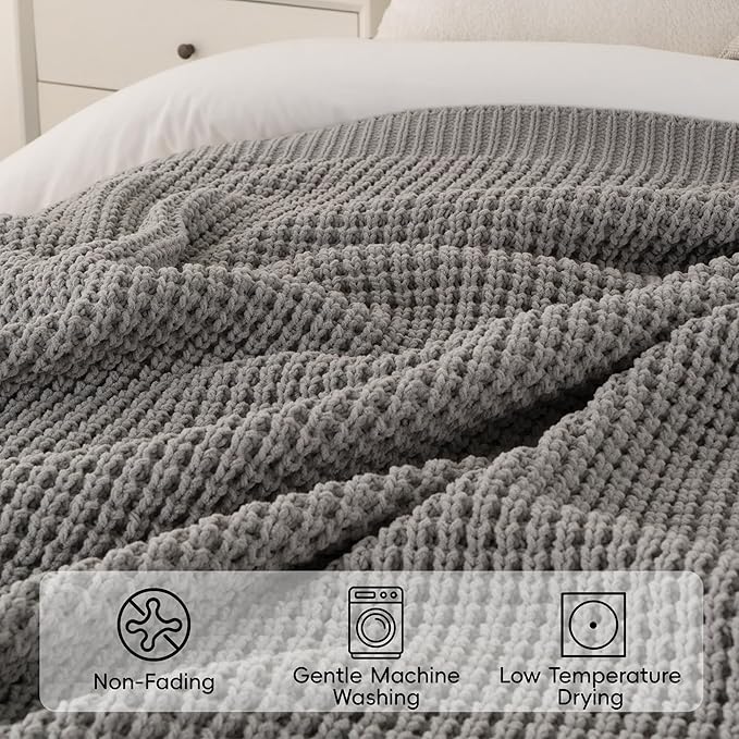 Bunnikins & Clover Grey Throw Blanket for Couch Bed Sofa, Waffle Knit Grey Blanket for Women Mothers Birthday Gifts, 60"x80"