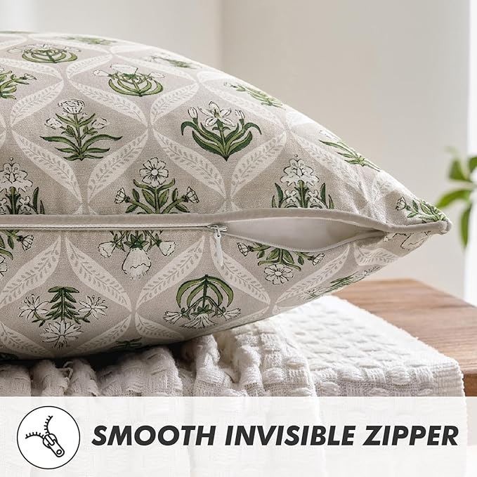 MIULEE Floral Throw Pillow Covers 18x18 Set of 2 Grey Spring Decorative Block Print Cotton Cushion Covers for Couch Living Room, Boho Modern Outdoor Sofa Vintage Garden Pillowcases Home Decor