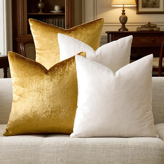 GIGIZAZA Velvet Pillow Covers 16x16,Ivory Gold Soft Throw Pillow Covers Set of 4 Square Decorative Modern Pillows Covers for Living Room