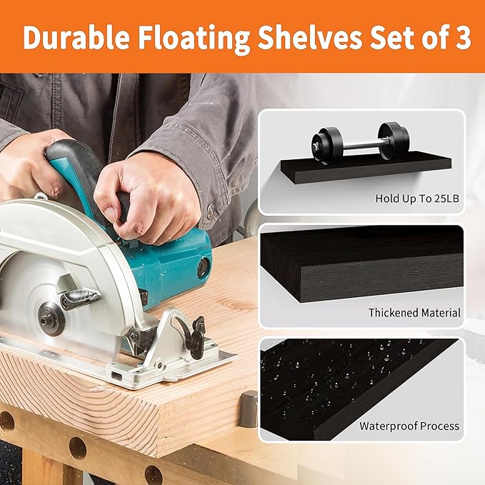 Floating Shelves for Wall Set of 3, 36" Black Wall Shelves for Home Decor, Frame Display Black Floating Shelf for Living Room, Bedroom, Bathroom, Kitchen
