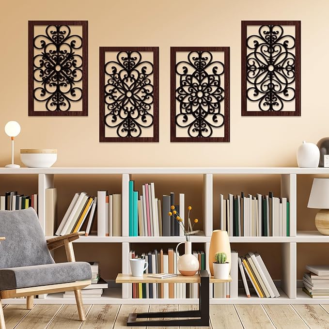 Yulejo 4 Pieces Thicken Rustic Wall Decor Modern Farmhouse Wall Art Decor Wooden Hollow Carved Design Rustic Art for Living Room Hallway Office Kitchen Decoration
