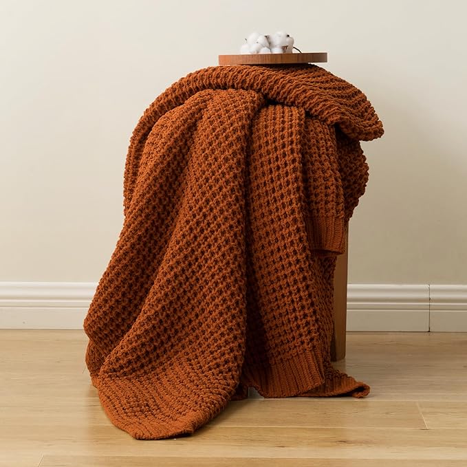 Bunnikins & Clover Knitted Waffle Blanket Throw, Fall Throw Blanket for Home Decoration, Caramel Throw Blanket for Couch, 50"x60"
