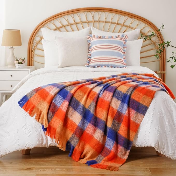 BATTILO Fall Orange Plaid Throw Blanket for Couch, Colorful Mohair Tartan Plaid Blanket, Farmhouse Style Throw Blankets for Fall Home Decor(50"x60")