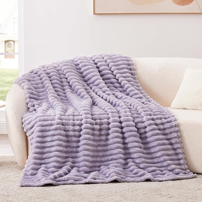EXQ Home King Size Blanket for Bed or Couch - 3D Stripe Jacquard Decorative Fleece Blankets - Cozy Soft Lightweight Fuzzy Flannel Blanket Suitable for All Seasons(90"×108",Light Purple)