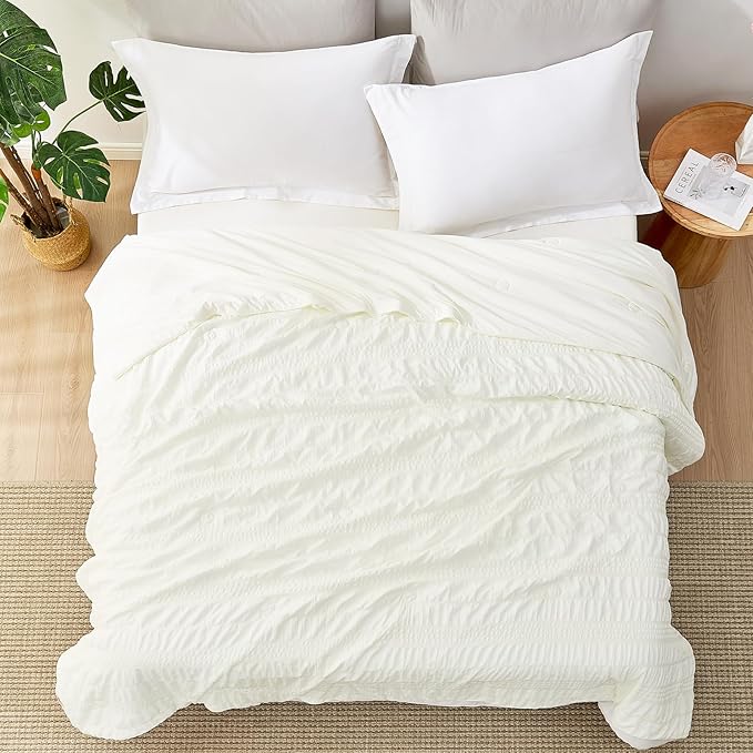Cozy Bliss Seersucker Cooling Comforter Full Size, Q-Max 0.45 Reversible Lightweight Cooling Blanket, Breathable Silk Smooth Summer Bedding Quilt for Hot Sleepers Night Sweats Cream White
