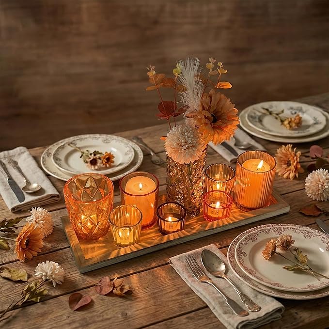 Votive Candle Holders Set with Wooden Tray - 8 Piece Rustic Colored Glass Candlestick & Solid Wood Centerpiece Decor for Mantel, Dining Table, Farmhouse Wedding Decor