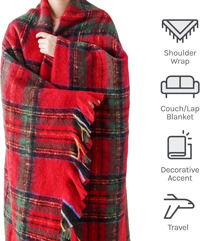 BATTILO Christmas Plaid Throw Blanket for Couch Bed, Mohair Red Tartan Plaid Blankets, Soft Cashmere Checkered Pattern, Red Christmas Throw Blankets for Home Decor (50"x60")