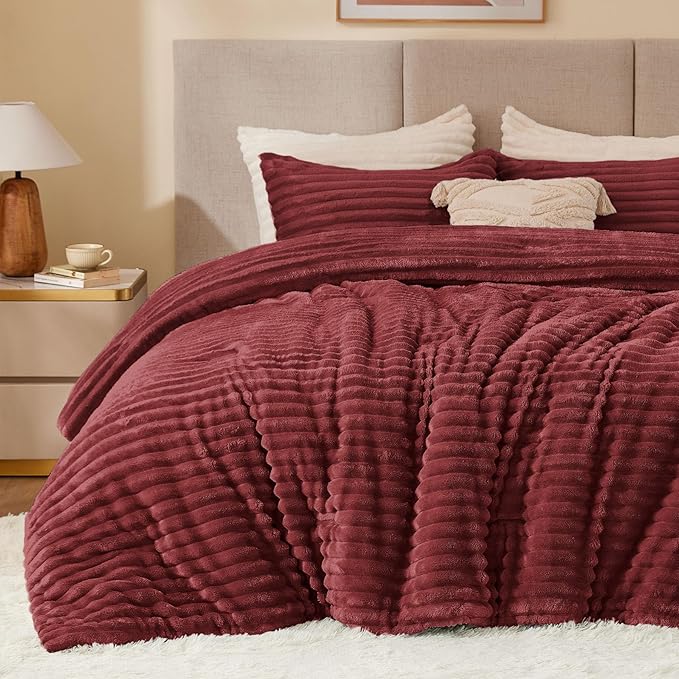 BEDELITE Fleece Full Comforter Set -Super Soft & Warm Fluffy Burgundy Bedding, Luxury Fuzzy Heavy Bed Set for Winter with 2 Pillow Cases