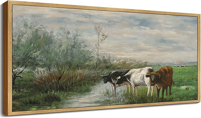 SHENIFY Vintage Framed Wall Art Cow Farm Landscape Painting Retro Meadow Scenery Farmhouse Kitchen Living Room Decor - 8x16in Natural Framed