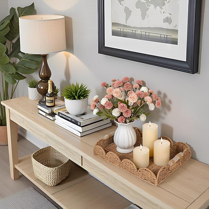 CubesLand Rectangle Scalloped Decorative Centerpiece Tray for Coffee Table, Home Decor, Living Room - Neutral Tray w/Wooden Handle – Warm and Elegant for Holidays, Housewarmings - Candle Plate Holder