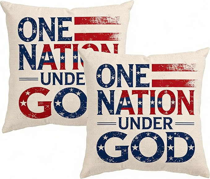 Patriotic Throw Pillow Covers, One Nation Under God, Linen, 18x18 Inch, Set of 2, Farmhouse Style, Indoor Living Room Decor July 4th — Independence Day
