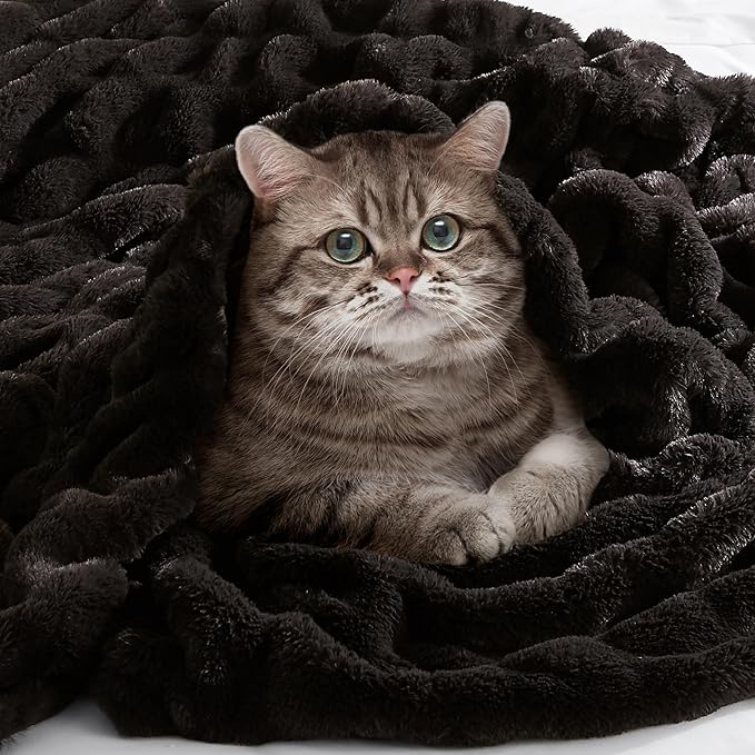 Hyde Lane Luxury Ruched Faux Fur Throw Blanket | Ultra Soft Cozy Puzzy Throw | Plush Black Mink Blankets for Sofa, Couch, Living Room, 50"x60"
