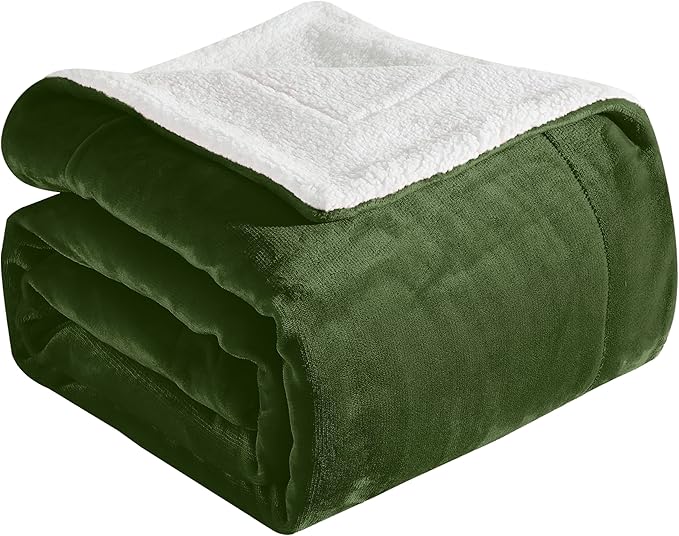 Elegant Comfort Ultra Soft Reversible Flannel Sherpa Blanket - Cozy Silky Fleece Throw for Couch, Bed - Plush Fuzzy Warm Winter Blanket for Gift, King, Sage
