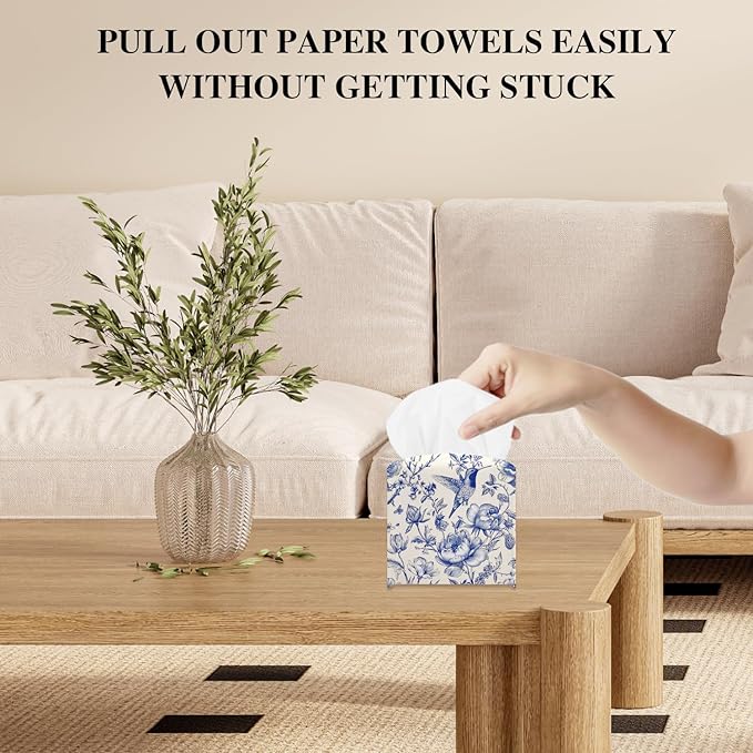 Vintage Floral Tissue Box Cover, Blue Bird Tissue Holder Square with Bottom Belt for Home Bathroom Office Vanity Countertop, Housewarming Gifts Ideas for Women Friends Mom Bestie -06