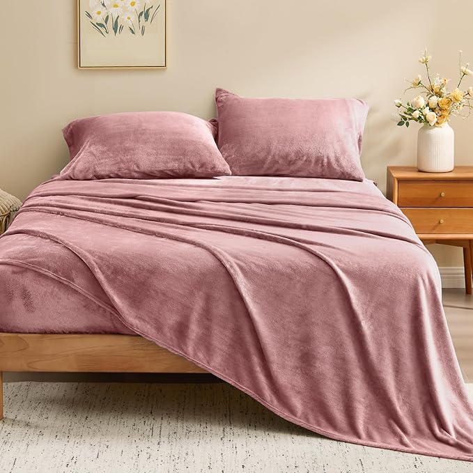 BEDELITE Flannel Sheets Queen Size Dusty Pink - Super Soft Fleece Sheets Set Fluffy Extra Plush, 4 Piece(Include Fitted Sheet, Flat Sheet, 2 Pillowcases)