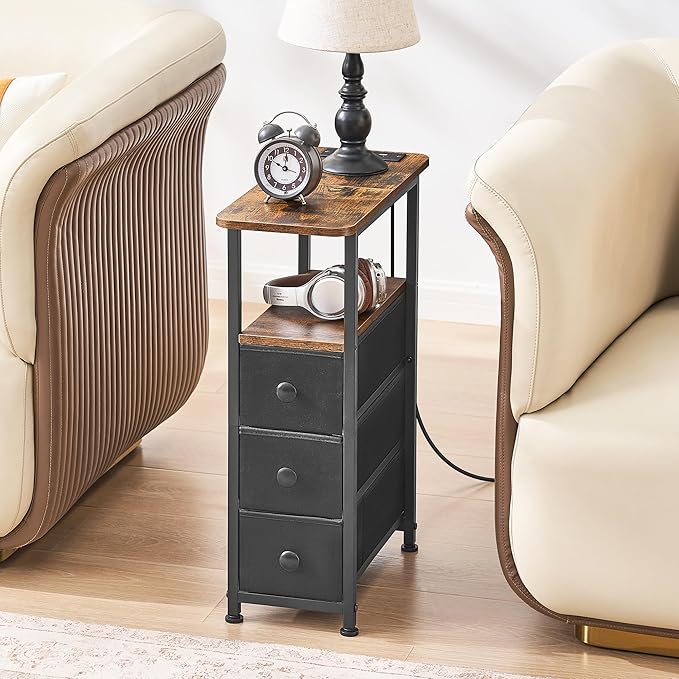 Narrow End Table with Charging Station, Narrow Side Table with Drawer, Small Nightstand with LED Light, Skinny Nightstand, Small Bedside Table for Living Room, Bedroom, Couch, Rustic Brown