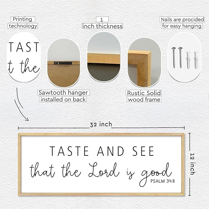 Oh Taste And See That The Lord Is Good Wall Decor 32"×12" Psalm 34:8 Bible Verse Scripture Sign Large Christian Dining Room Wall Hanging Art (Wood)