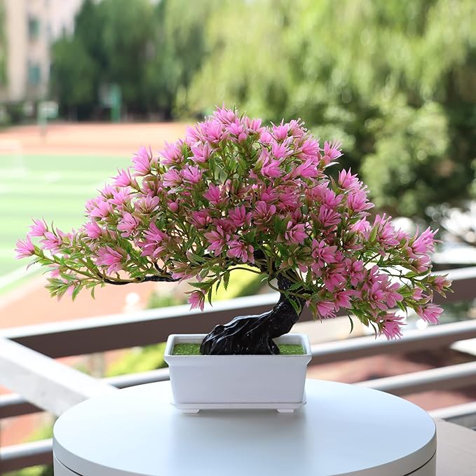 Artificial Bonsai Tree Fake Plants for Home Decor, Living Room Bathroom Bookshelf Entryway Table Wall Shelf Modern Farmhouse Decor, 9.5" Tall, Pink