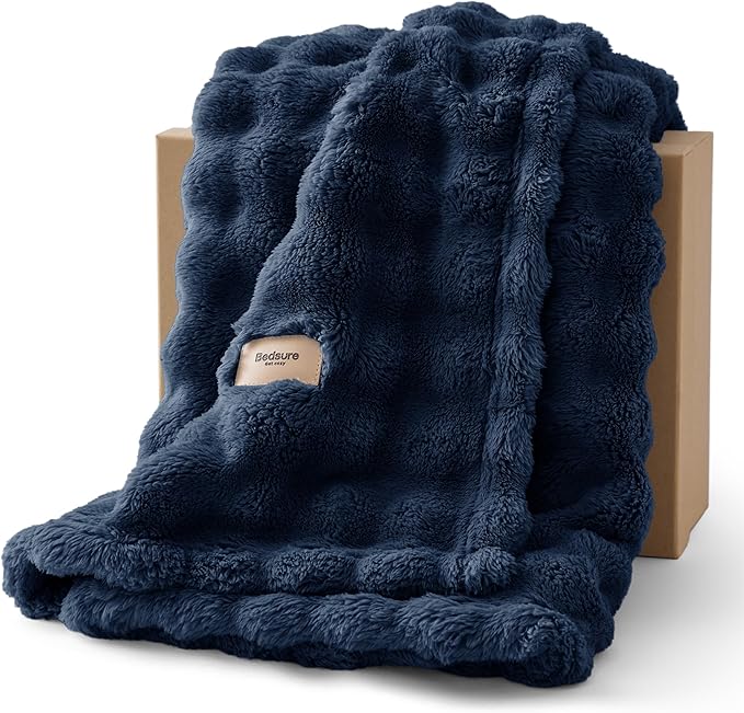 Bedsure 3D Fleece Bubble Blanket for Couch - GentleSoft Blue Throw Blanket for Sofa Bed Room Decor - Luxury Soft Cozy Gifts for Her, Lightweight, All Seasons, Navy Blue, 50"×60"