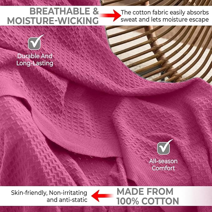100% Cotton Blankets for Bed - Waffle Weave Blankets for Summer, Lightweight and Breathable Soft Woven Blanket for Spring (Pink, Queen (90" x 90"))