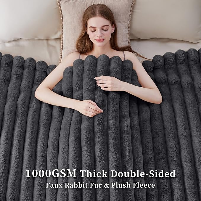 Fluffy Faux Fur Throw Blanket, Thick 1000GSM Soft Cozy Throw Blankets for Bed, Luxury Plush Striped Warm Fuzzy Blanket for Couch LivingRoom Home Decor & Gifts(50" x 70",Dark Grey)