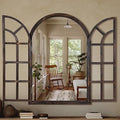Arched Wall Mirror with Window Pane Design 36 x 24 Inch Rustic Farmhouse Wood Decorative Mirror for Living Room Bedroom Entryway