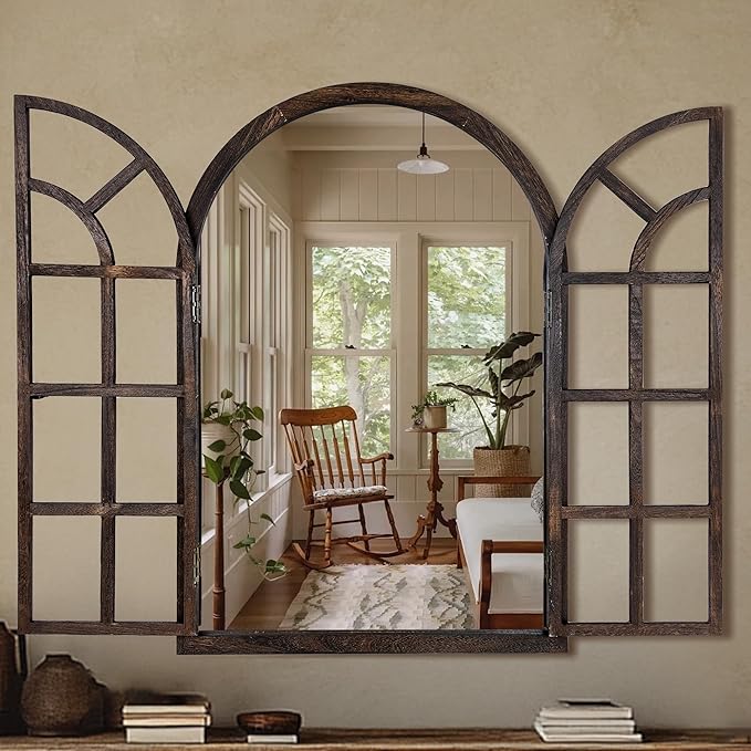 Arched Wall Mirror with Window Pane Design 36 x 24 Inch Rustic Farmhouse Wood Decorative Mirror for Living Room Bedroom Entryway