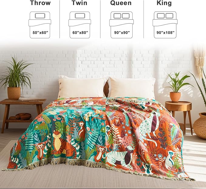 Throw Blanket for Bed Couch Sofa Soft Cotton Twin Spring Blankets for Bedroom Living Room All Season Reversible Forest Animals Embroidery Lightweight Quilt Whimsical Home Decor 60"x80"