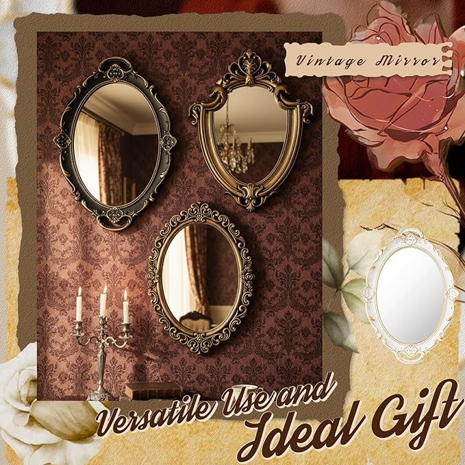 3 Styles Vintage Mirrors Set Decorative Oval Wall Mirror Small Antique Mirrored Tray Decorative Retro Hanging Mirror for Bathroom Bedroom Jewelry Organizer Victorian Decor(Antique Gold)