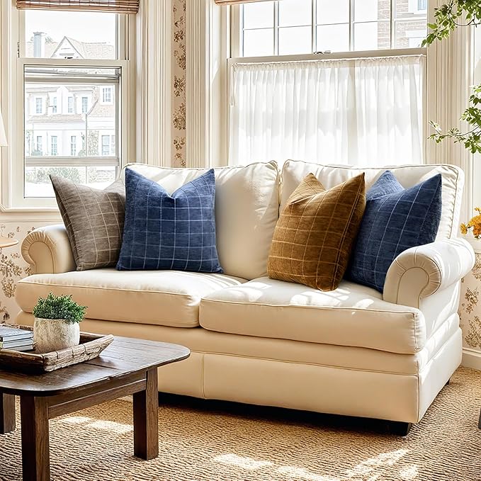 MIULEE Decorative Chenille Check Lumbar Throw Pillow Covers Vintage Plaid Couch Pillows 12x20 Inch Set of 2 Neutral Boho Cushion Covers Modern Home Coastal Decor for Sofa Bed Living Room Navy Blue