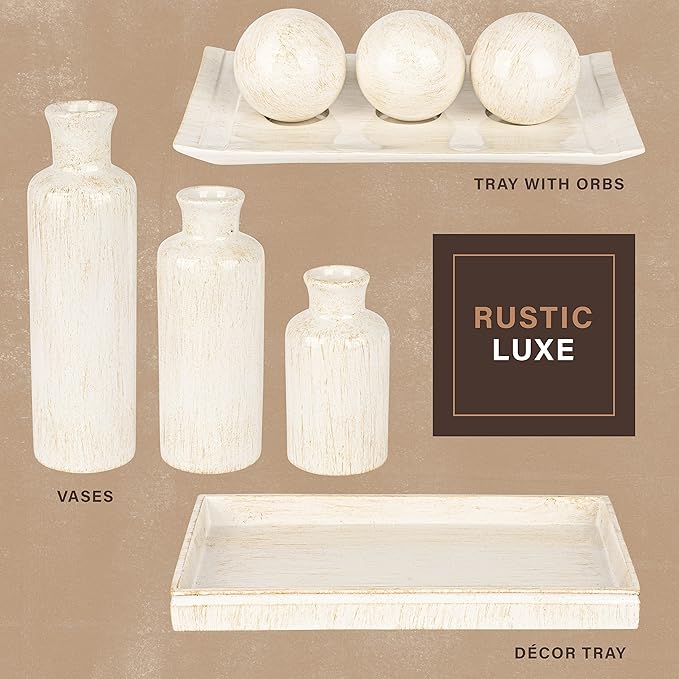 Creative Scents Rustic Luxe Home Decor Bundle includes a Decorative Tray with 3 Orbs and Vase Set of 3 – Centerpiece Table Decorations for your Coffee Table Decor - Modern Farmhouse Decor