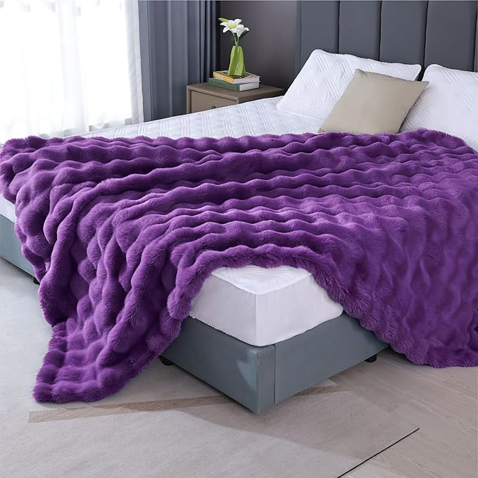 Purple Faux Fur Thick Bed Soft Throw Blanket 60X80 for Couch Living Room Fluffy Bubble Faux Rabbit Fur Blanket Warm Bunny Blanket Home Decor 860 GSM