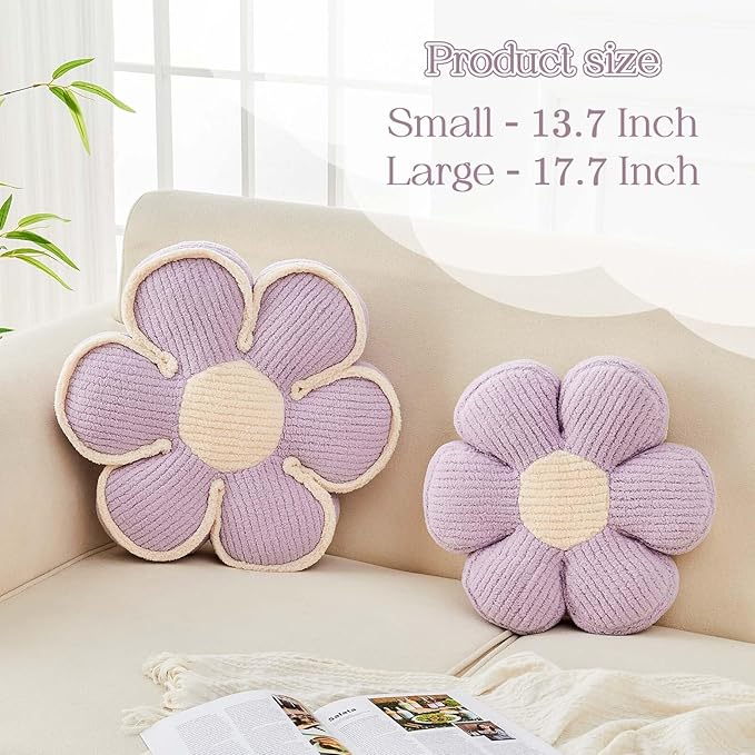 Kcvvcr Flower Pillow, Soft Flower Decorative Throw Pillow, Cute Daisy Flower Shaped Seating Floor Cushion Room Décor Plush Pillows for Sofa Couch Bed (13.7 Inch, Lavender)
