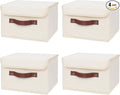 ANMINY 4PCS Storage Bins with Lid PU Leather Handles Storage Boxes PP Plastic Board Decorative Foldable Lidded Cotton Linen Fabric Home Cubes Baskets Closet Organizer Containers - Beige, Small Size