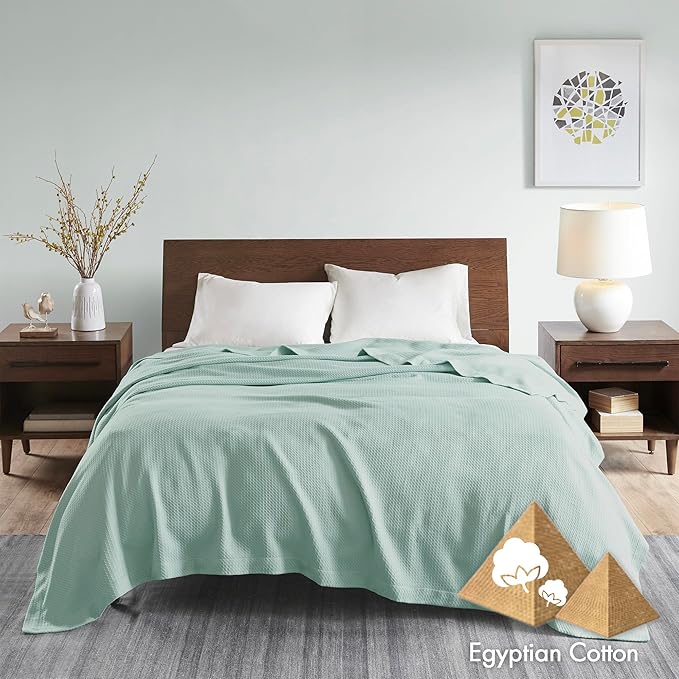 Madison Park 100% Egyptian Cotton Lightweight Summer Blanket, Breathable Waffle Knit Design, Soft Cozy All-Season Throw for Bed, Couch or Sofa, Seafoam Twin Size (66"x90")