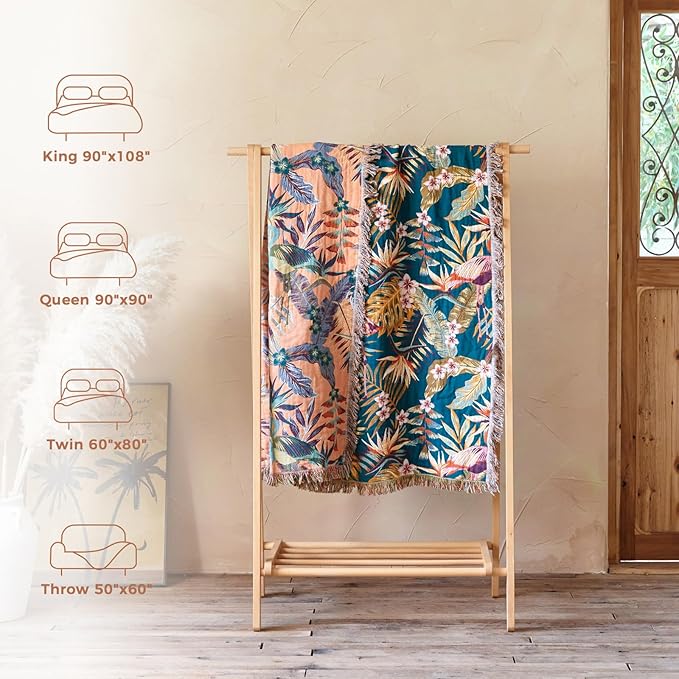 Boho Throw Blanket for Bed Cotton Spring Blankets Bedroom Living Room Twin All Season Lightweight Forest Embroidery Quilt for Couch Sofa Chair 60"x80"