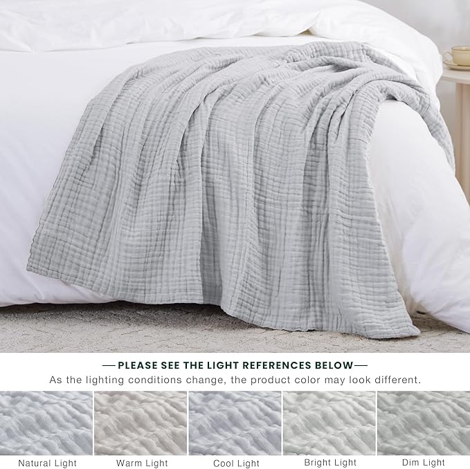 Love's cabin 100% Cotton Muslin Blanket, 6 Layer Lightweight Breathable Gauze Large Throw Blanket 50 x 70 Inches, Soft Cooling All Season Blanket for Couch or Sofa, Light Grey