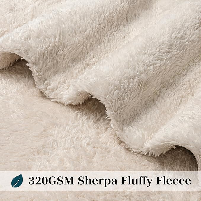 PAVILIA Sherpa Bed Blanket Queen Size, Cream Beige Plush Soft Cozy Blanket for Bed, Fluffy Lightweight Microfiber, Fuzzy All Season Blanket, 90x90 Queen