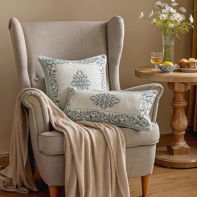 ISAENNE Design Linen Square Throw Pillow Covers 18"x18" Pack of 2, Cottage Farmhouse Cushion Covers with Thorn Vine Pattern for Bed, Living Room, Outdoor, Car