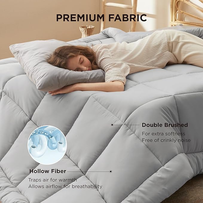 Bedsure Comforter Duvet Insert - Quilted Comforters Queen Plus Size, All Season Duvet, GentleSoft Down Alternative Bedding, with 8 Tabs, Gifts for Women/Men,Light Grey,Queen Plus 90 x 90 Inches