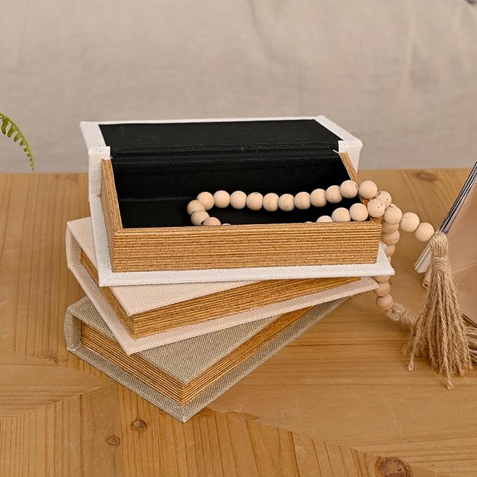 Modern Linen and Wood Decorative Faux Book Boxes Set of 3, 12",Taupe,Beige,Off White